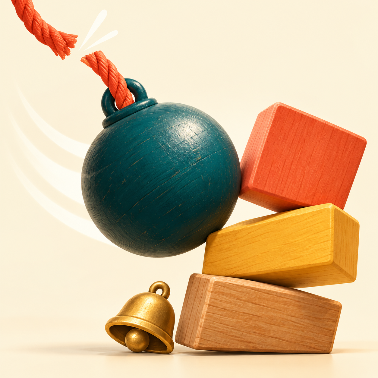 Product illustration of a cut orange rope, a teal ball, wooden blocks and a gold bell